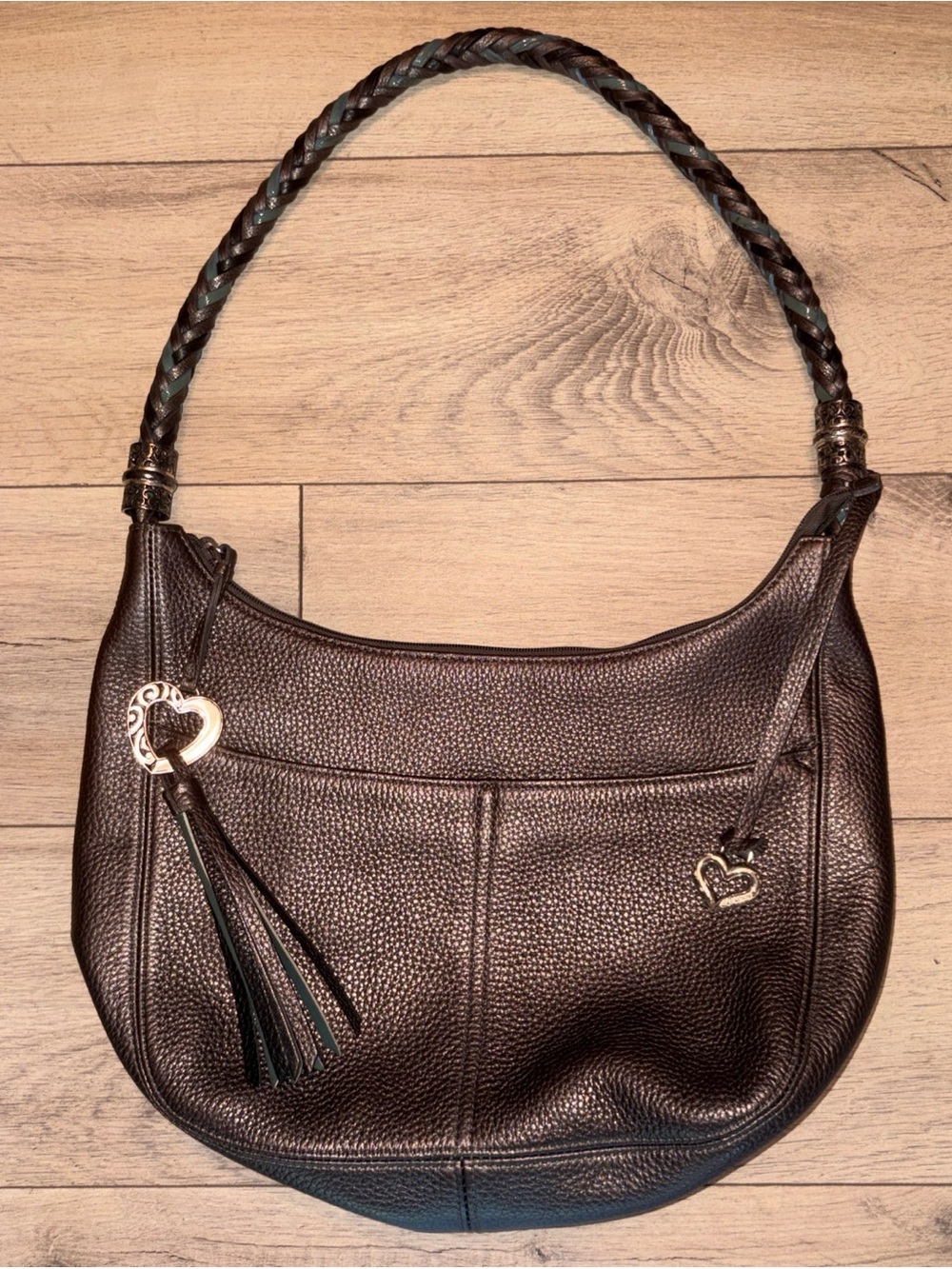 Brighton Barbados Leather Shoulder HandBag Purse Pewter Metallic Silver Charms